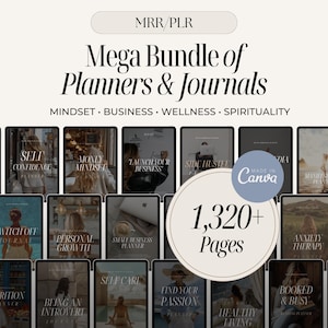 May include: A digital product bundle featuring planners and journals, with the text "Mega Bundle of Planners & Journals." The bundle includes topics like mindset, business, wellness, and spirituality. The image shows multiple digital planner covers with the text "1,320+ Pages."