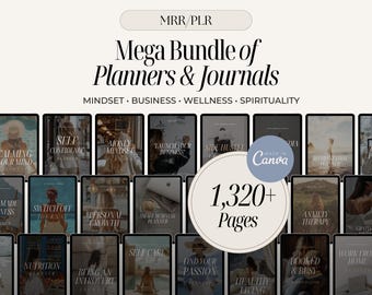 Puede incluir: Un paquete de productos digitales con planificadores y diarios, con el texto "Mega Bundle of Planners & Journals". El paquete incluye temas como mentalidad, negocios, bienestar y espiritualidad. La imagen muestra múltiples portadas de planificadores digitales con el texto "1.320+ Páginas".