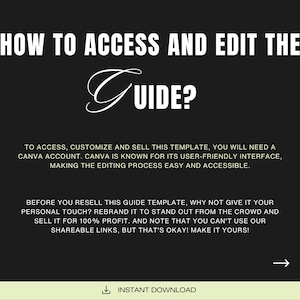 May include: Black graphic with white text that reads "HOW TO ACCESS AND EDIT THE GUIDE?" and instructions on how to access, customise, and sell the template. Includes a call to action to rebrand and sell for 100% profit.