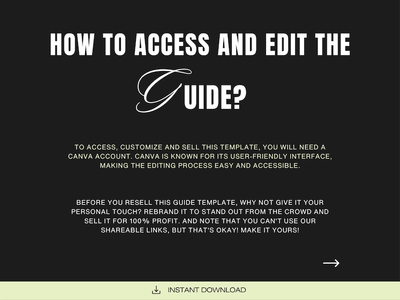 May include: Black graphic with white text that reads "HOW TO ACCESS AND EDIT THE GUIDE?" and instructions on how to access, customise, and sell the template. Includes a call to action to rebrand and sell for 100% profit.