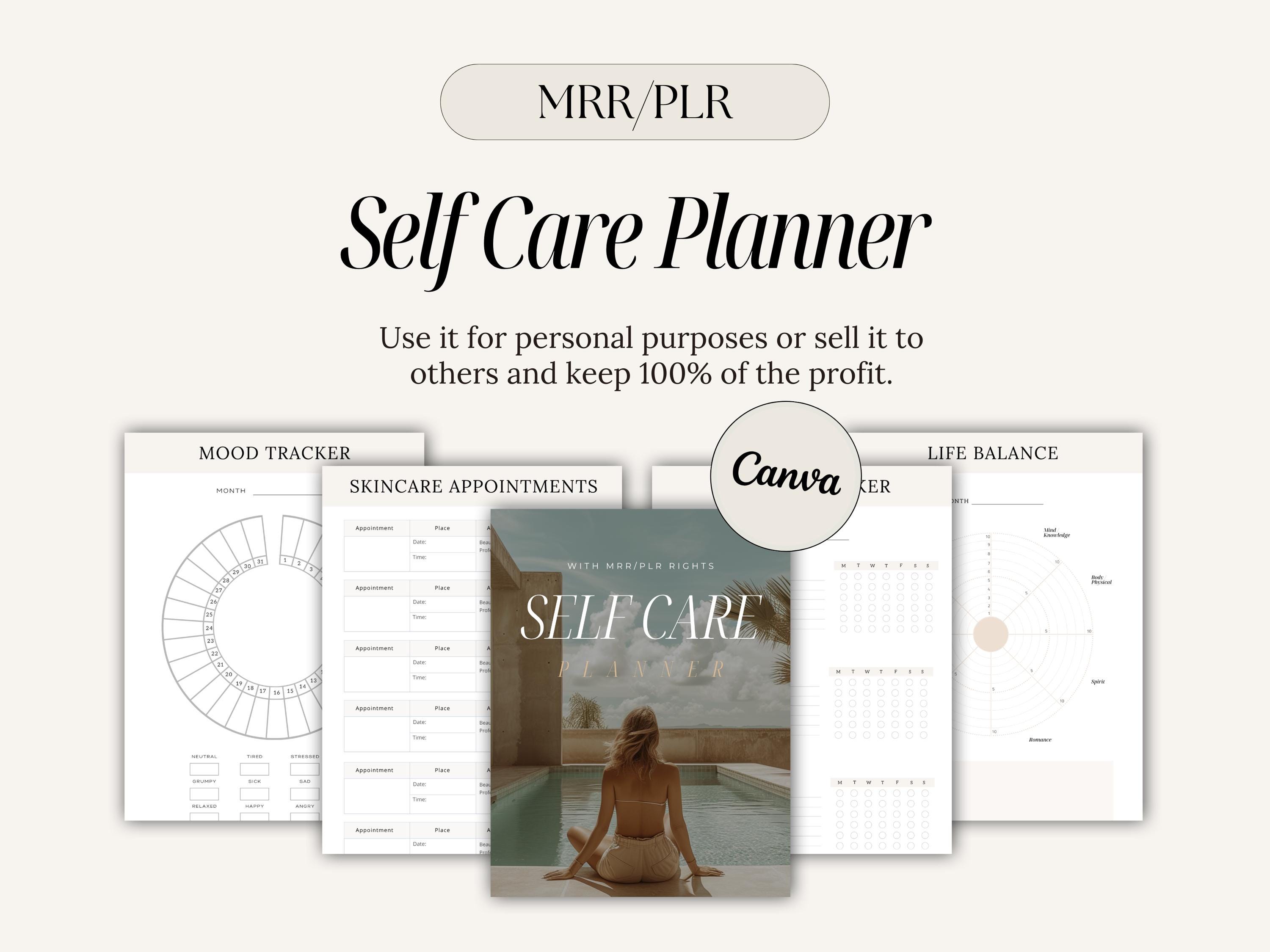 MRR PLR Self Care Planner w/ Master Resell Rights, Digital Journal, Sell As Your Own, PLR Digital Products, Digital Marketing, Canva