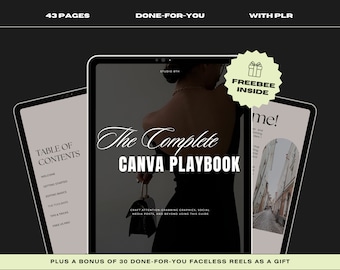 Puede incluir: Una tableta digital que muestra una tabla de contenido para un libro de jugadas de Canva. El título del libro de jugadas es "The Complete Canva Playbook". La imagen de portada presenta a una mujer con un vestido negro sosteniendo un bolso negro. El texto "FREEBEE INSIDE" está en una forma de estrella amarilla.