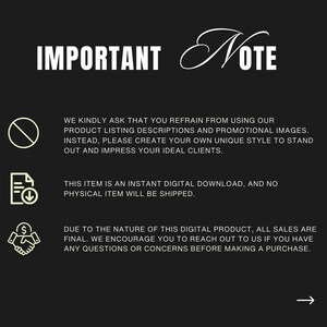 May include: A black graphic with white text that reads "IMPORTANT NOTE". The text advises against using provided product descriptions and encourages creating unique styles. It also states the item is a digital download with no physical shipment.