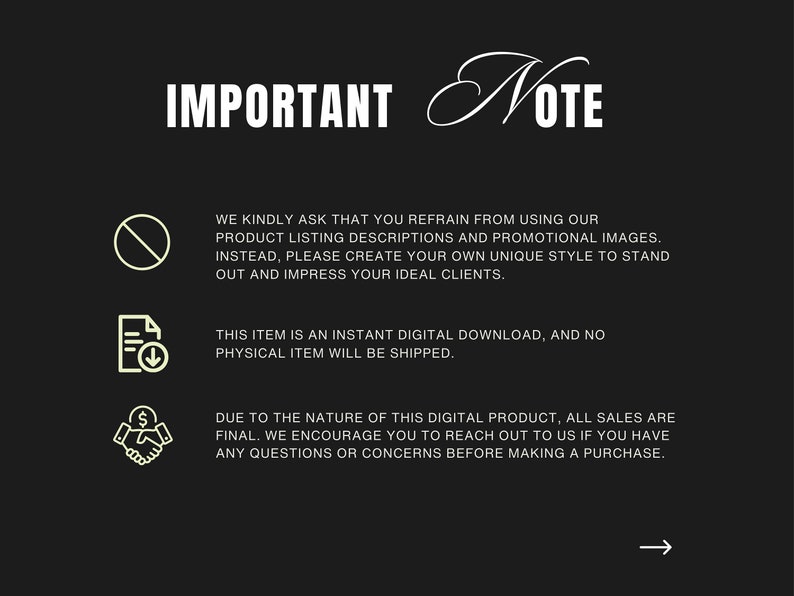 May include: A black graphic with white text that reads "IMPORTANT NOTE". The text advises against using provided product descriptions and encourages creating unique styles. It also states the item is a digital download with no physical shipment.