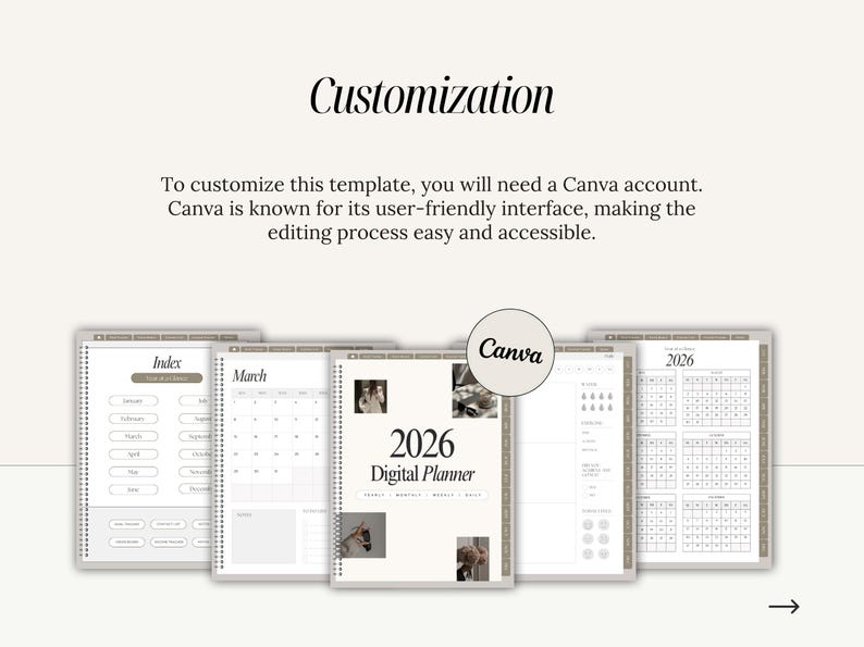 May include: Digital planner template with a neutral color scheme. The image shows several digital planner pages, including an index, a March calendar, and a 2026 planner. The text "Customization" and "Canva" are also visible.