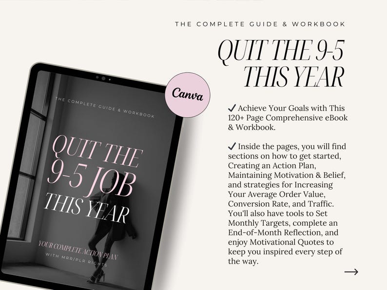 May include: A digital product cover with a pink and white design. The cover features the text "Quit the 9-5 Job This Year" and a silhouette of a person walking away from a window. The text "The Complete Guide & Workbook" is also visible on the cover.