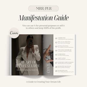 Puede incluir: Una guía digital en blanco y negro titulada "The Art of Manifestation: A Guide to Creating Your Dream Life" con una mujer con un blazer blanco tomándose una selfie en el fondo. La guía incluye una tabla de contenido con nueve capítulos: Introducción, La ley de la atracción, Establecer intenciones, Visualizar tus sueños, Afirmaciones, Tomar acción, Superar las creencias limitantes, Manifestar la abundancia y Manifestar el amor.