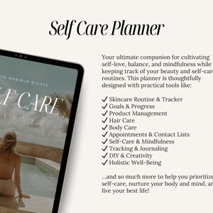 K&ouml;nnte beinhalten: Ein digitaler Planer mit dem Text "Self Care Planner" und "Self Care" auf dem Cover. Der Planer soll dir helfen, Selbstliebe, Ausgeglichenheit und Achtsamkeit zu kultivieren. Er enth&auml;lt Abschnitte f&uuml;r Hautpflege, Ziele, Produktmanagement, Haarpflege, K&ouml;rperpflege, Termine, Selbstpflege, Tracking, DIY und ganzheitliches Wohlbefinden.