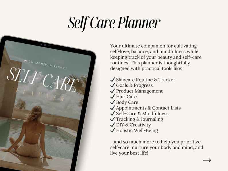 K&ouml;nnte beinhalten: Ein digitaler Planer mit dem Text "Self Care Planner" und "Self Care" auf dem Cover. Der Planer soll dir helfen, Selbstliebe, Ausgeglichenheit und Achtsamkeit zu kultivieren. Er enth&auml;lt Abschnitte f&uuml;r Hautpflege, Ziele, Produktmanagement, Haarpflege, K&ouml;rperpflege, Termine, Selbstpflege, Tracking, DIY und ganzheitliches Wohlbefinden.