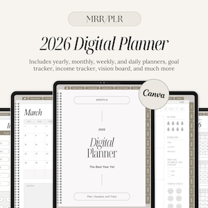 May include: A digital planner for 2026 displayed on multiple tablets. The planner includes yearly, monthly, weekly, and daily planners, a goal tracker, and an income tracker. The text "2026 Digital Planner" is prominently featured, along with the Canva logo.