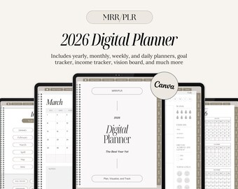 MRR PLR 2026 Planner, Digital Planner Template w/ Master Resell Rights, PLR Planner, Canva Template, Aesthetic Minimalistic Daily Lifestyle