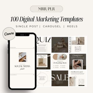 Pode incluir: Uma maquete de tela de telefone que exibe um guia de mídia social com o texto "SOCIAL MEDIA guide" e uma grade de 9 modelos de postagem de mídia social. Os modelos apresentam texto como "QUIZ", "Fique ligado", "Reservar mais clientes", "Nossos clientes embarcados", "Em breve", "Inscrição está aberta" e "VENDA".