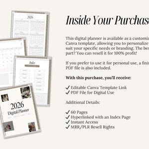 May include: Digital planner for 2026 with a spiral binding, featuring monthly calendars, an index, and a yearly overview. The cover displays the text "2026 Digital Planner". The image also includes the text "Inside Your Purchase".