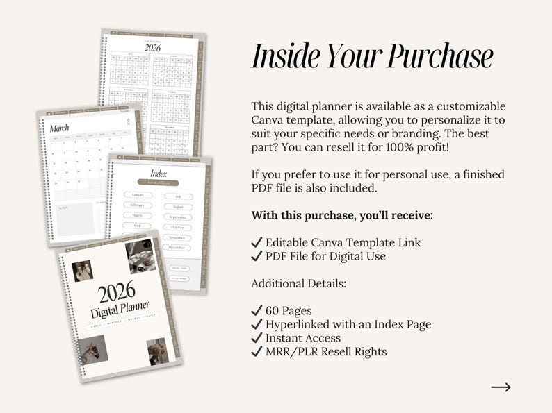 May include: Digital planner for 2026 with a spiral binding, featuring monthly calendars, an index, and a yearly overview. The cover displays the text "2026 Digital Planner". The image also includes the text "Inside Your Purchase".