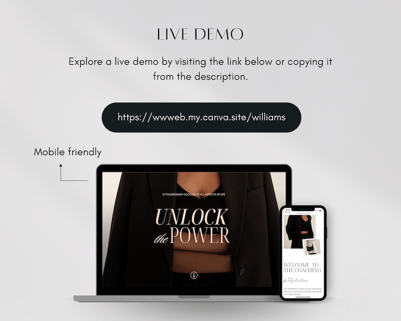 May include: A laptop and a mobile phone displaying a website with the text "Unlock the Power" and a woman wearing a black blazer and a brown top. The website is for a coaching program called "The Coaching by Tilly Williams".