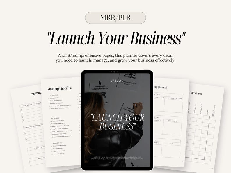 K&ouml;nnte beinhalten: Ein digitaler Planer mit dem Text "Launch Your Business" auf dem Cover. Der Planer enth&auml;lt 67 Seiten mit Checklisten und Arbeitsbl&auml;ttern, die Ihnen helfen, Ihr Unternehmen zu starten, zu verwalten und zu wachsen.