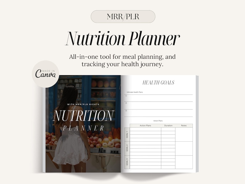 May include: An open nutrition planner with the title "Nutrition Planner" and the text "All-in-one tool for meal planning, and tracking your health journey." The planner includes sections for health goals and action plans. The cover features a woman in a white dress.