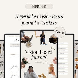May include: Digital vision board journal with stickers, displayed on tablets. The journal is hyperlinked and includes the text "Vision board journal" and "Hyperlinked". The image also includes the text "MRR/PLR" and "Canva".