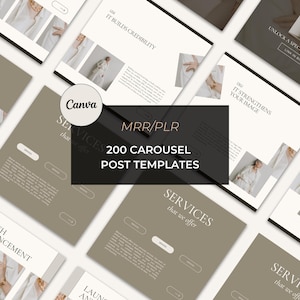 Puede incluir: Una colección de 200 plantillas de publicaciones de carrusel para redes sociales para empresas. Las plantillas están diseñadas con un estilo minimalista, con una paleta de colores neutros y presentan imágenes de ropa y accesorios. El texto "MRR/PLR 200 plantillas de publicaciones de carrusel" se muestra en un cuadro negro.