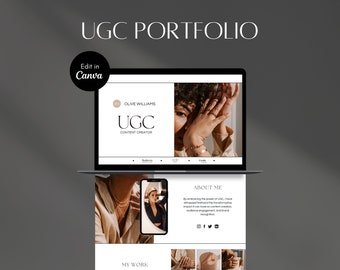 May include: A laptop screen displaying a website for a UGC content creator named Olive Williams. The website features a portfolio of work, an about me section, and social media links. The website is designed in a minimalist style with a neutral color palette.