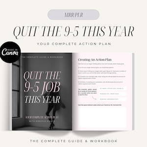 以下が含まれることがあります： 「Quit the 9-5 Job This Year: Your Complete Action Plan with MRR PLR」というタイトルの開かれた本の白黒画像。本は「Creating An Action Plan」というタイトルのページを開いており、仕事を辞めるための手順がリストされています。