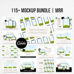 Puede incluir: Un paquete de maquetas de 115+ pantallas de teléfono y tableta. Las maquetas presentan una variedad de fondos, incluyendo un campo verde con nubes, un fondo blanco con un patrón de campo verde y un fondo blanco con un cielo azul y nubes. Las maquetas son perfectas para mostrar tus diseños y productos.
