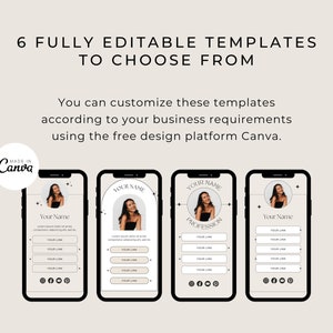 Puede incluir: Seis plantillas de redes sociales personalizables para un perfil de empresa. Cada plantilla presenta un dise&ntilde;o en blanco y negro con un c&iacute;rculo para una foto de perfil, un cuadro de texto para el nombre de la empresa y una secci&oacute;n para enlaces. Las plantillas est&aacute;n hechas con Canva.