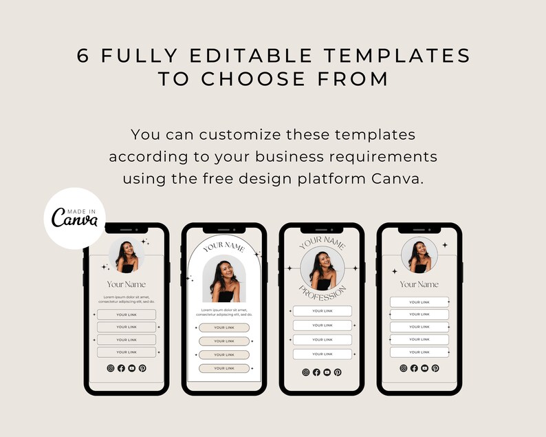 Puede incluir: Seis plantillas de redes sociales personalizables para un perfil de empresa. Cada plantilla presenta un dise&ntilde;o en blanco y negro con un c&iacute;rculo para una foto de perfil, un cuadro de texto para el nombre de la empresa y una secci&oacute;n para enlaces. Las plantillas est&aacute;n hechas con Canva.