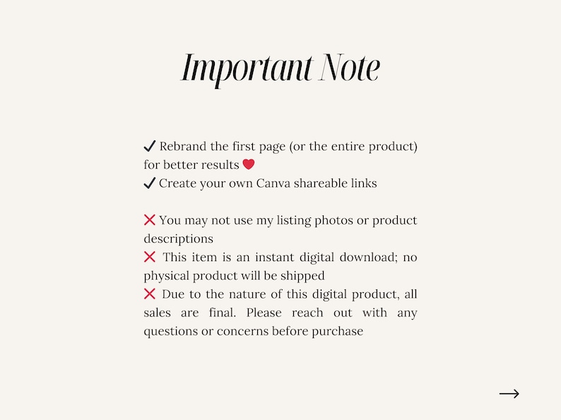 May include: A cream-coloured page with the title "Important Note" in a stylish font. The text includes bullet points with checkmarks and red X symbols, detailing instructions and disclaimers about the product.