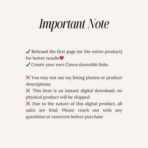 May include: Important note: Rebrand the first page (or the entire product) for better results. Create your own Canva shareable links. You may not use my listing photos or product descriptions. This item is an instant digital download; no physical product will be shipped. Due to the nature of this digital product, all sales are final. Please reach out with any questions or concerns before purchase.