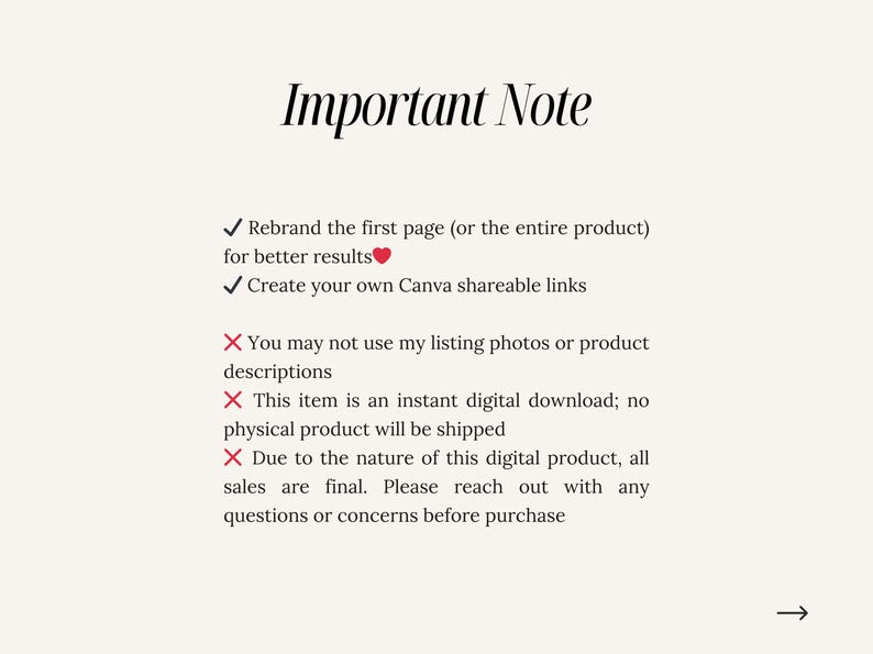 May include: Important note: Rebrand the first page (or the entire product) for better results. Create your own Canva shareable links. You may not use my listing photos or product descriptions. This item is an instant digital download; no physical product will be shipped. Due to the nature of this digital product, all sales are final. Please reach out with any questions or concerns before purchase.