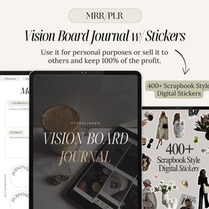 Puede incluir: Diario digital de vision board con pegatinas. La imagen muestra tres tabletas que muestran las páginas del diario y pegatinas digitales estilo scrapbook. El texto de la imagen dice "Vision Board Journal w/ Stickers" y "400+ Scrapbook Style Digital Stickers."