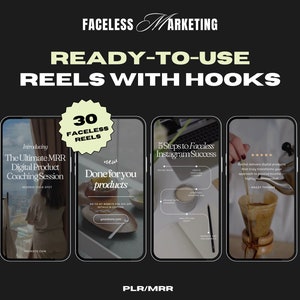 以下が含まれることがあります： 白黒のグラフィックで、「Faceless Marketing」というテキストが白い筆記体で書かれています。「Ready-to-use Reels with Hooks」というテキストは黄色のフォントで書かれています。電話の画面の画像が4つあり、それぞれ異なるリールが表示されています。最初のリールは「The Ultimate MRR Digital Product Coaching Session」というタイトルです。2番目のリールは「Done for you products」というタイトルです。3番目のリールは「5 Steps to Faceless Instagram Success」というタイトルです。4番目のリールは「Faceless delivers digital products that truly transform your approach to passive income, helping you to generate highly profitable results」というタイトルです。