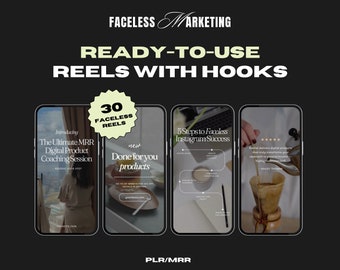 Puede incluir: Un gráfico en blanco y negro con el texto "Faceless Marketing" en una fuente de letra blanca. El texto "Reels listos para usar con ganchos" está en fuente amarilla. Hay cuatro imágenes de pantallas de teléfono con diferentes reels. El primer reel se titula "La sesión de coaching definitiva sobre productos digitales MRR". El segundo reel se titula "Productos listos para ti". El tercer reel se titula "5 pasos para el éxito de Instagram sin rostro". El cuarto reel se titula "Faceless ofrece productos digitales que realmente transforman tu enfoque de los ingresos pasivos, ayudándote a generar resultados altamente rentables".