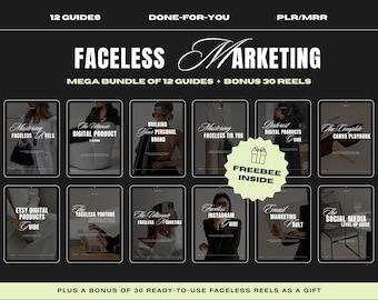 May include: A digital marketing bundle with the text "FACELESS MARKETING" and "MEGA BUNDLE OF 12 GUIDES + BONUS 30 REELS". The image displays 12 guides on tablets, covering topics like Etsy, Instagram, and YouTube marketing.