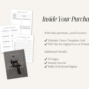 K&ouml;nnte beinhalten: Ein digitaler Planer f&uuml;r Nebenjobs mit einem grauen Cover und dem Text "Side Hustle Planner". Der Planer enth&auml;lt einen Projektplaner, ein Keyword-Arbeitsblatt, eine j&auml;hrliche Gewinn- und Verlustrechnung und insgesamt 70 Seiten.