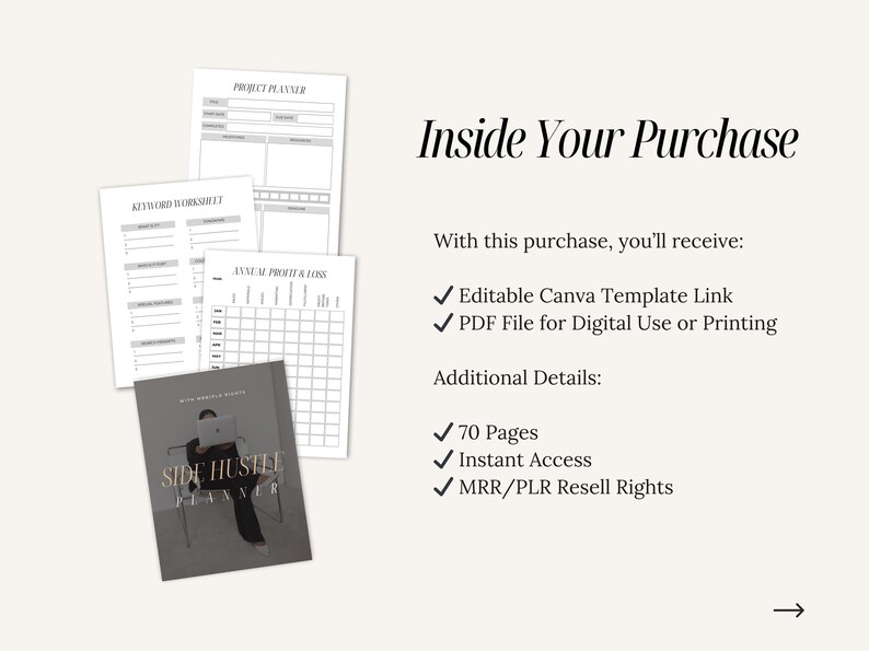 K&ouml;nnte beinhalten: Ein digitaler Planer f&uuml;r Nebenjobs mit einem grauen Cover und dem Text "Side Hustle Planner". Der Planer enth&auml;lt einen Projektplaner, ein Keyword-Arbeitsblatt, eine j&auml;hrliche Gewinn- und Verlustrechnung und insgesamt 70 Seiten.