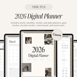 May include: A digital planner for 2026, displayed on multiple tablets. The planner includes yearly, monthly, weekly, and daily views, along with goal and income trackers. The design is minimalist with a neutral color palette and the text "2026 Digital Planner".