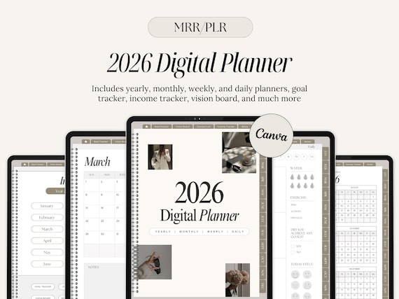 MRR PLR 2026 Planner, Digital Planner Template w/ Master Resell Rights, PLR Planner, Canva Template, Aesthetic Minimalistic Daily Lifestyle