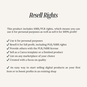 May include: Text on a white background that reads "Resell Rights". This product includes MRR/PLR rights, which means you can use it for personal purposes as well as sell it for 100% profit!  A list of bullet points with check marks next to them describes the rights included with the product.
