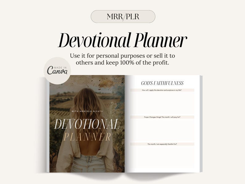 May include: A Devotional Planner with the text "Devotional Planner" and "Made in Canva". The planner is open, revealing lined pages for journaling. The cover features a woman with long hair. The text "MRR/PLR" is at the top.