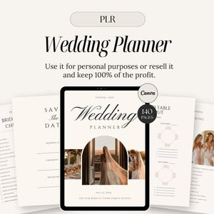 Puede incluir: Una plantilla digital de planificador de bodas con el título "Wedding Planner" en escritura elegante. La imagen muestra una tableta que muestra la portada del planificador, con páginas adicionales y el texto "Use it for personal purposes or resell it and keep 100% of the profit."