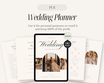 May include: A digital wedding planner template with the title "Wedding Planner" in elegant script. The image shows a tablet displaying the planner's cover, with additional pages and the text "Use it for personal purposes or resell it and keep 100% of the profit."