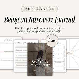 Könnte beinhalten: Ein digitales druckbares Journal für Introvertierte. Das Cover zeigt eine Frau in einem braunen Kleid, die vor einer Backsteinmauer steht. Der Text "Being an Introvert Journal" ist in schwarzer Schrift auf weißem Hintergrund.