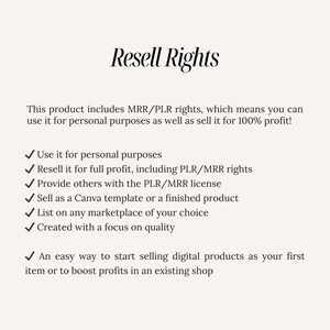 May include: Text on a white background explaining the resell rights for a digital product. The text includes the phrase "Resell Rights" and a list of bullet points with check marks. The bullet points describe the rights included with the product, such as the ability to use it for personal purposes, resell it for full profit, and provide others with the license.