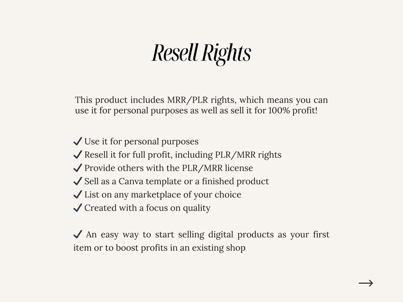 May include: Text on a white background explaining the resell rights for a digital product. The text includes the phrase "Resell Rights" and a list of bullet points with check marks. The bullet points describe the rights included with the product, such as the ability to use it for personal purposes, resell it for full profit, and provide others with the license.