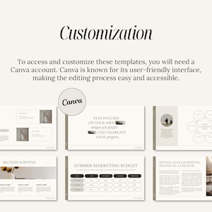 May include: A set of six minimalist Canva templates for business planning and goal setting. The templates feature a neutral color palette with black and white text. The templates include sections for FAQ, section subtitles, summer marketing budget, and setting goals and defining success as a creator.