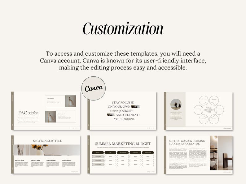 May include: A set of six minimalist Canva templates for business planning and goal setting. The templates feature a neutral color palette with black and white text. The templates include sections for FAQ, section subtitles, summer marketing budget, and setting goals and defining success as a creator.