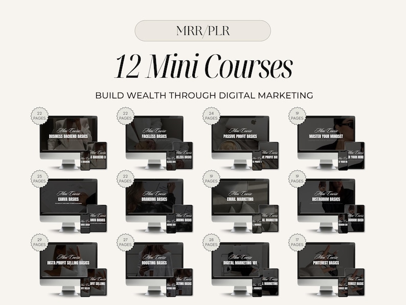 May include: A digital marketing course bundle with 12 mini-courses, shown on computer monitors, tablets, and smartphones. Courses cover topics such as business hacking, branding, and Instagram basics. The text "MRR/PLR" is at the top.