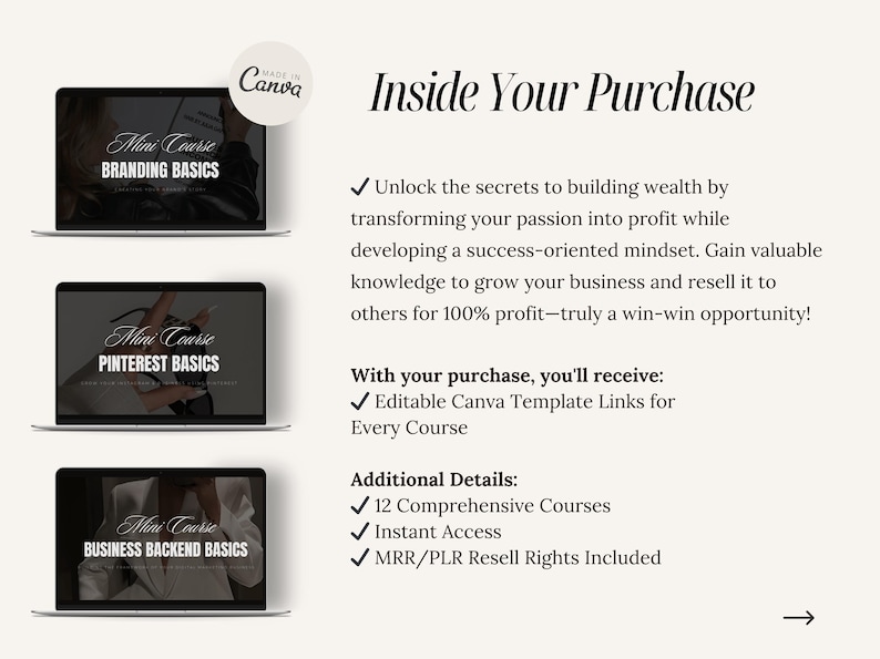 May include: Image of three laptops displaying online courses: Branding Basics, Pinterest Basics, and Business Backend Basics. The text "Inside Your Purchase" and course details are also visible.